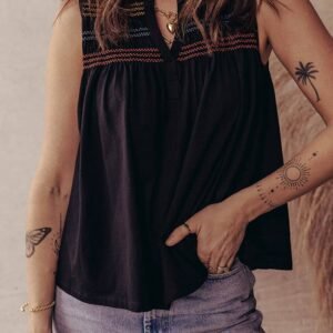 Black Colorful Shirred Yoke Notched V Neck Tank Top