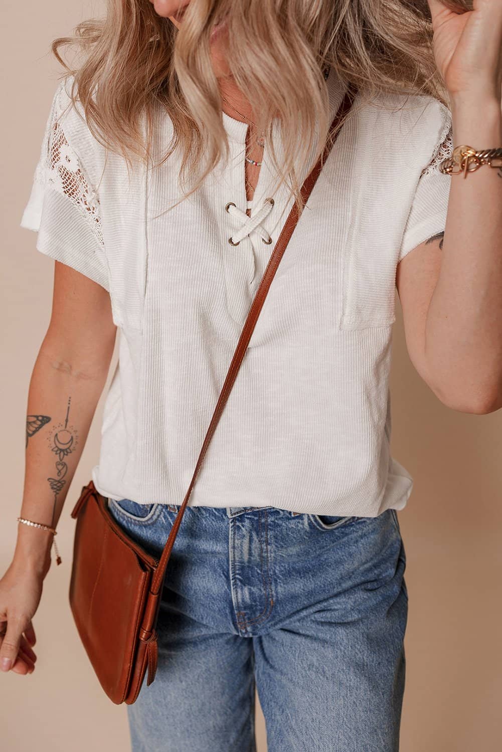White Ribbed Texture Lace Patchwork Short Sleeve Top