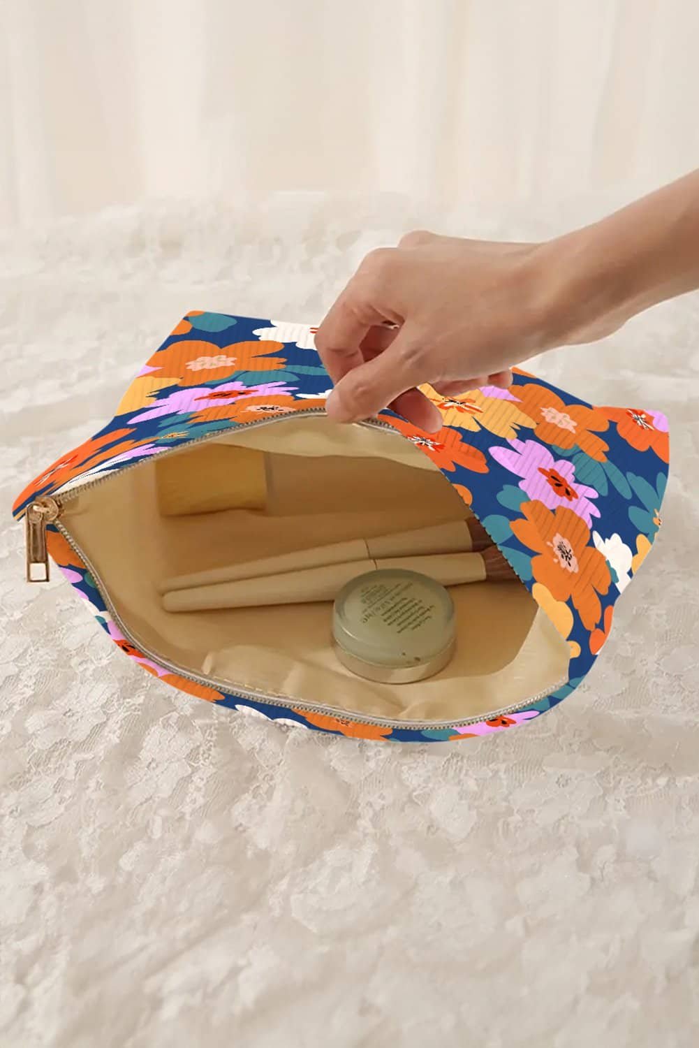 Ashleigh Blue Flower Print Zipper Corduroy Large Cosmetic Bag