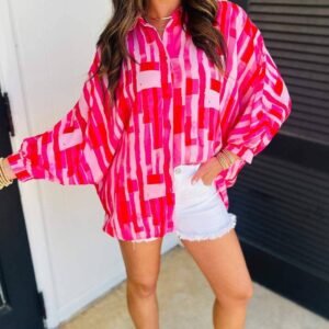 Pink Abstract Print Batwing Sleeve Casual Shirt