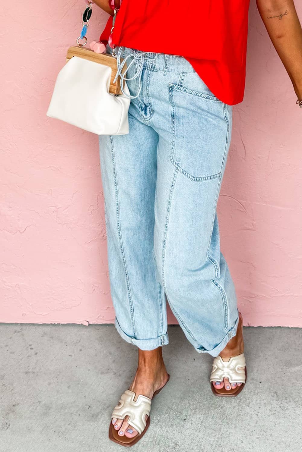 Myosotis Exposed Stitch Detail Drawstring Barrel Jeans