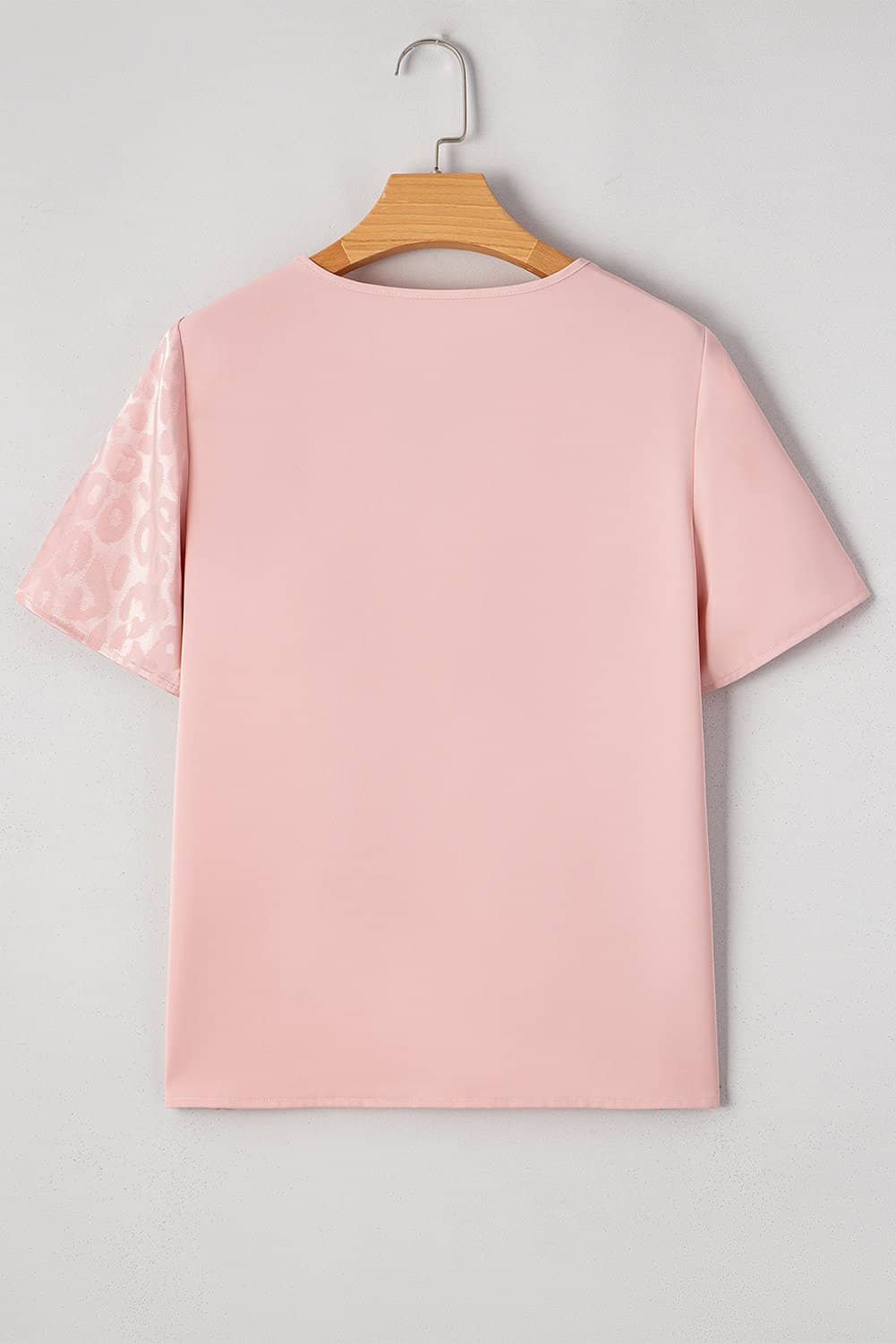 Apricot Pink Leopard Jacquard Patchwork Crisscross V Neck Short Sleeve Blouse