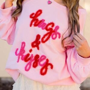 Pink Hugs And Kisses Pop Up Embroidered Raglan Sleeve Sweatshirt