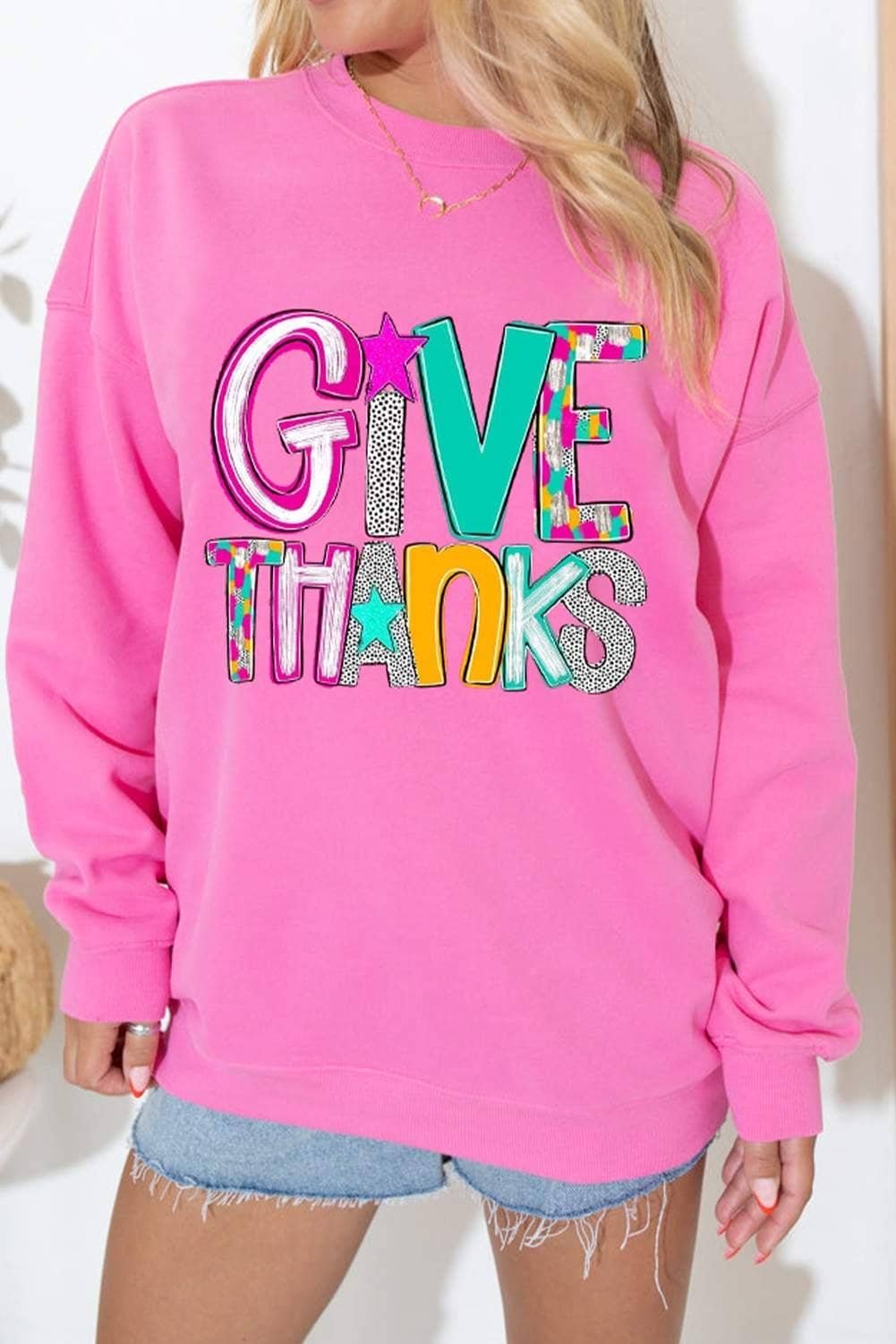 Bonbon Give Thanks Graphic Drop Shoulder Thanksgiving Pullover Sweatshirt