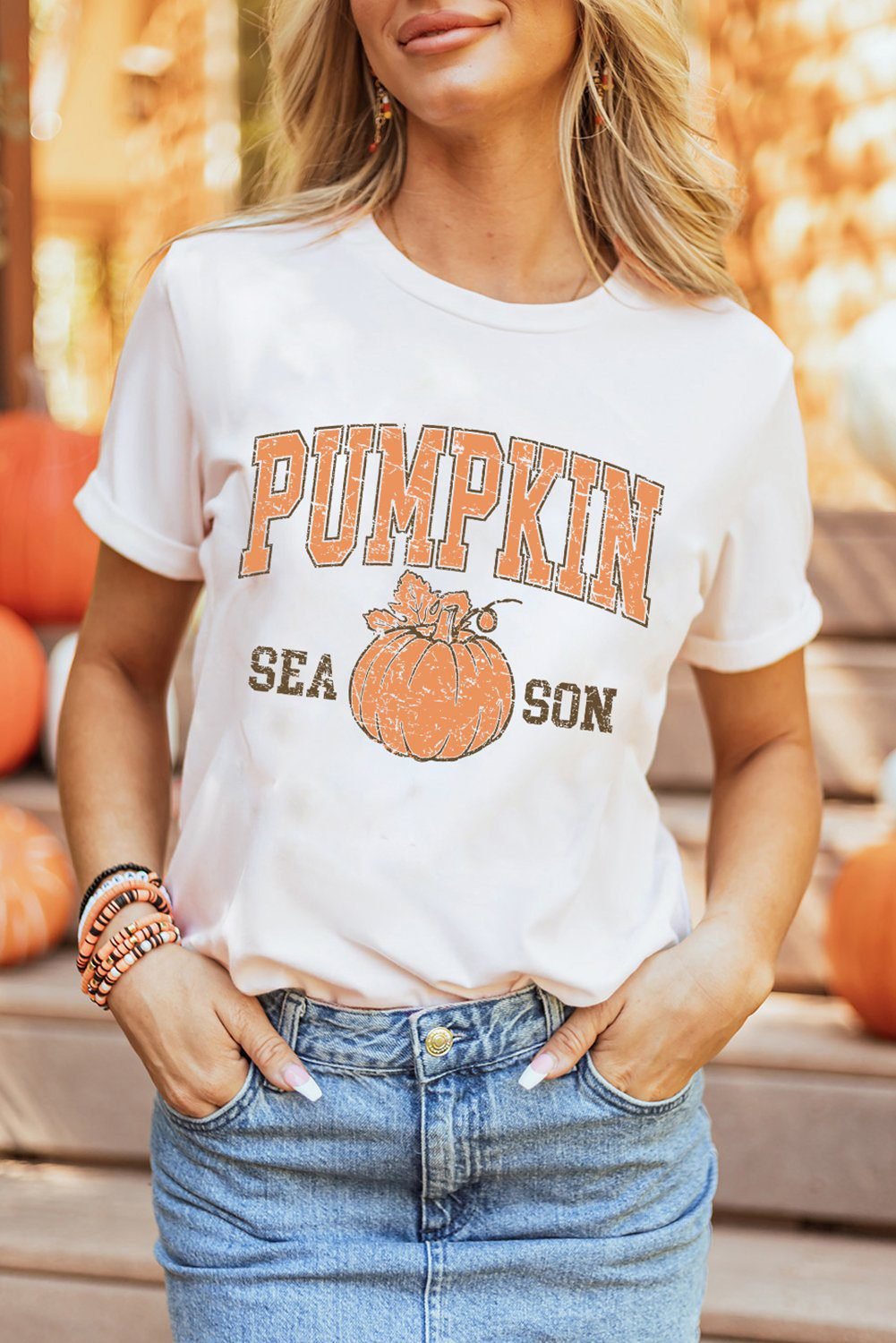 White Pumpkin Season Cracking Printed Cotton Blend T Shirt