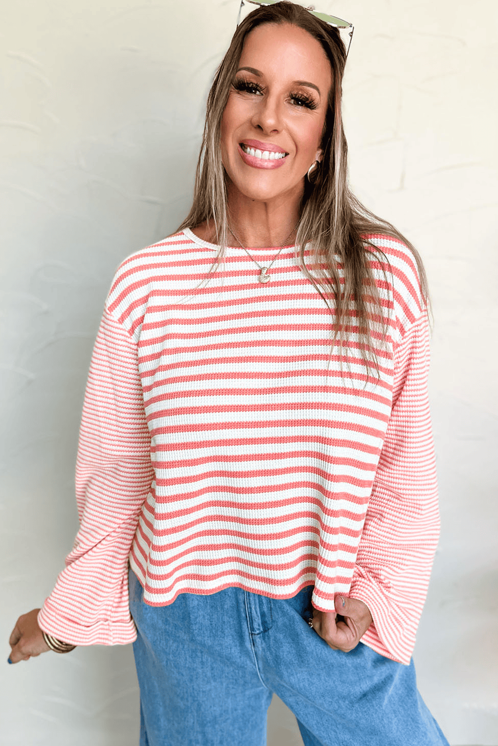 Pink Stripe Textured Contrast Dropped Long Sleeve Top