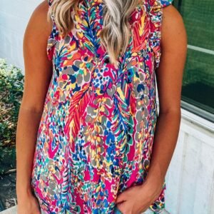 Rose Floral Print Tank Top With Ruffles