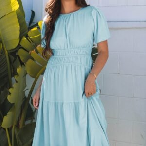 Light Blue Puff Sleeve Pleated High Waist Flowy Midi Dress