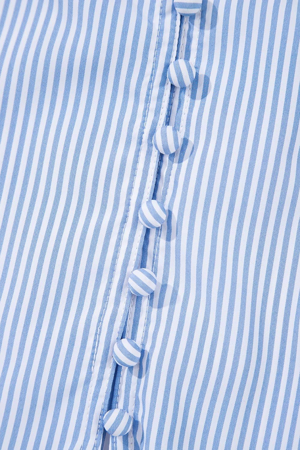 Sky Blue Stripe Ruffled Collar Puff Sleeve Half Buttons Blouse