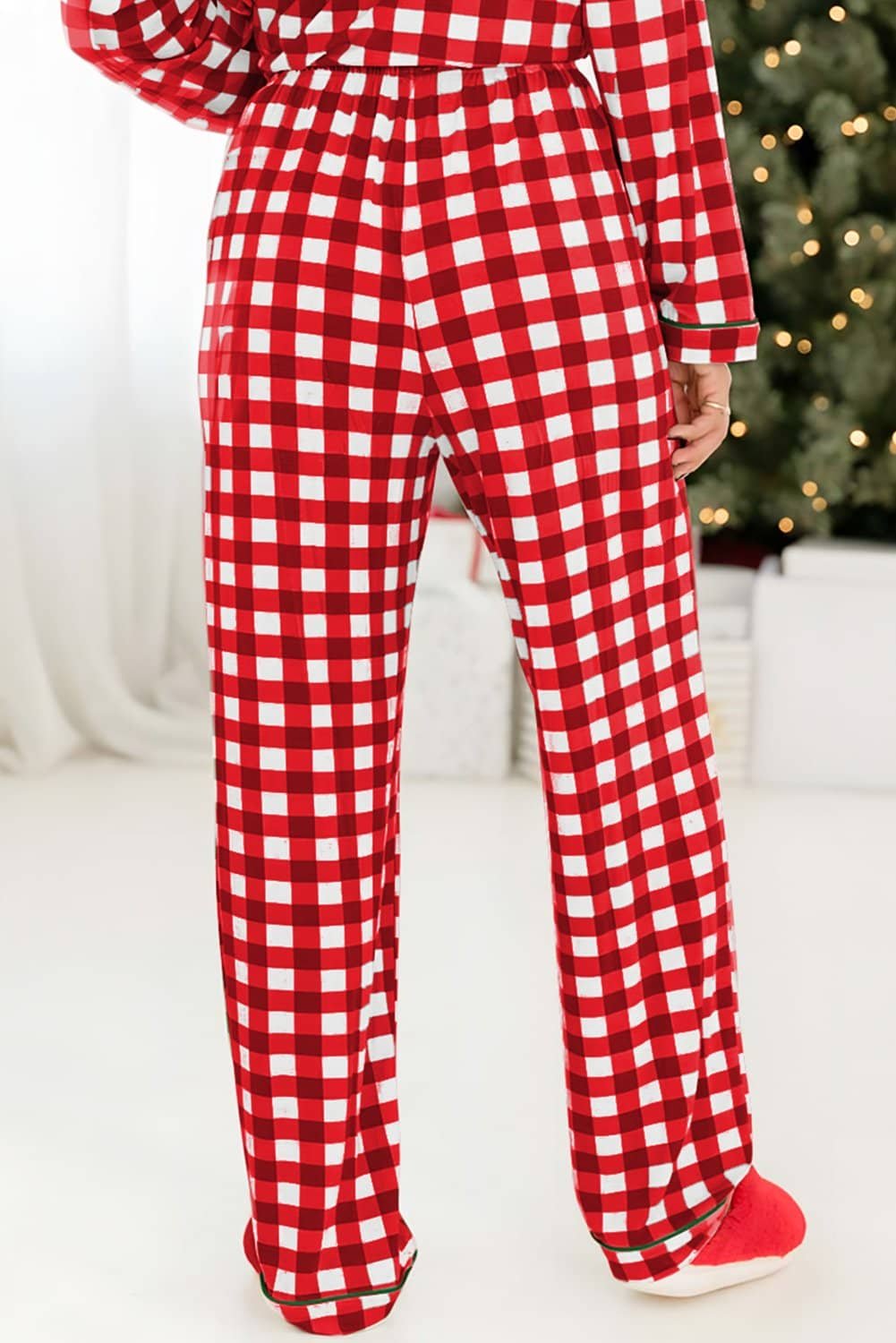 Fiery Red Christmas Plaid Print Shirt And Pants Pajama Set