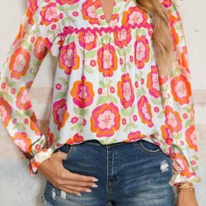 Rose Floral Printed Ruffled Long Sleeve Blouse