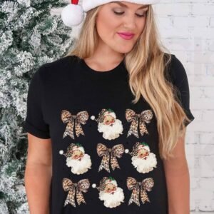 Black Santa Claus Leopard Bow Print Crew Neck Casual T Shirt
