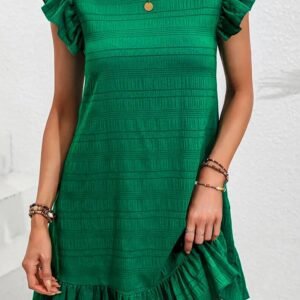 Dark Green Textured Flutter Sleeve Ruffled Mini Dress