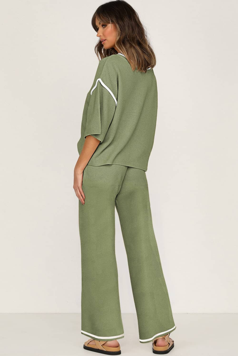 Guacamole Green Contrast Trim Half Sleeve Top Drawstring Pants Loose 2Pcs Sweater Suit