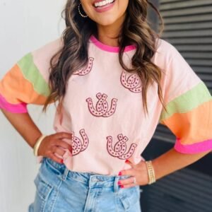 Pink Sequined Horseshoes Pattern Colorblock Half Sleeve Patchwork Tee