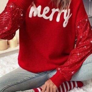 Racing Red Merry Graphic Sequin Sleeves Christmas Turtleneck Sweater