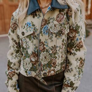 Khaki Floral Print Zip Up Contrast Collared Jacket