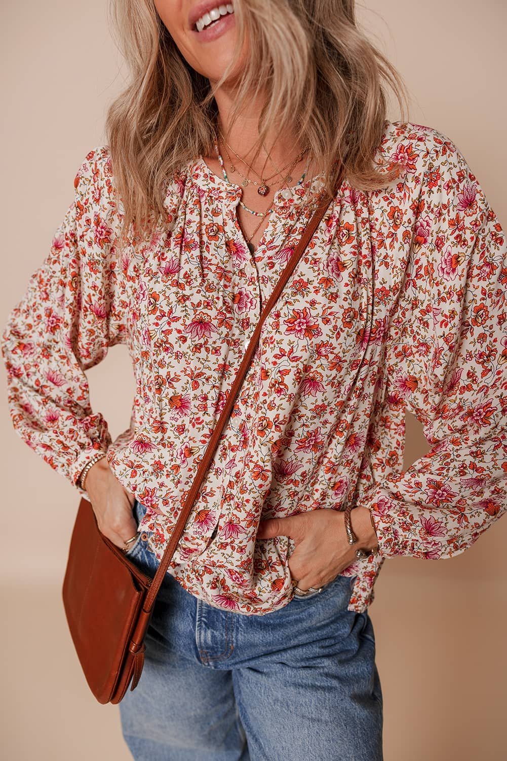 Red Floral Print Pleated Detail Notched Neck Puff Sleeve Blouse