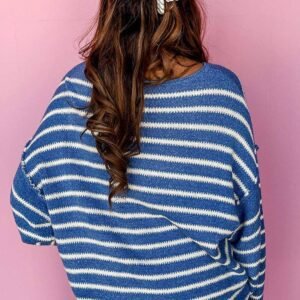Sky Blue Stripe Drop Shoulder O Neck Plus Size Sweater