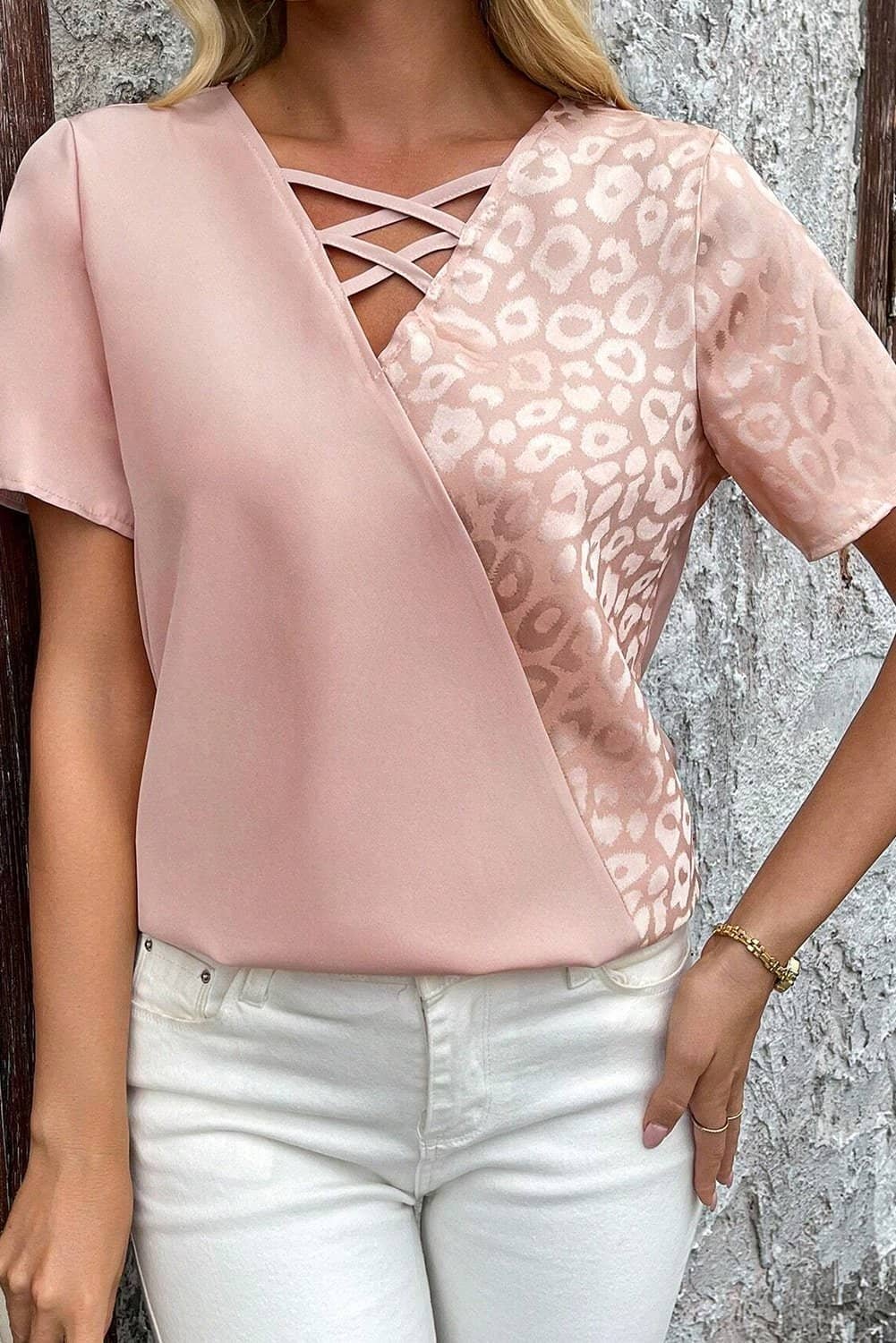 Apricot Pink Leopard Jacquard Patchwork Crisscross V Neck Short Sleeve Blouse
