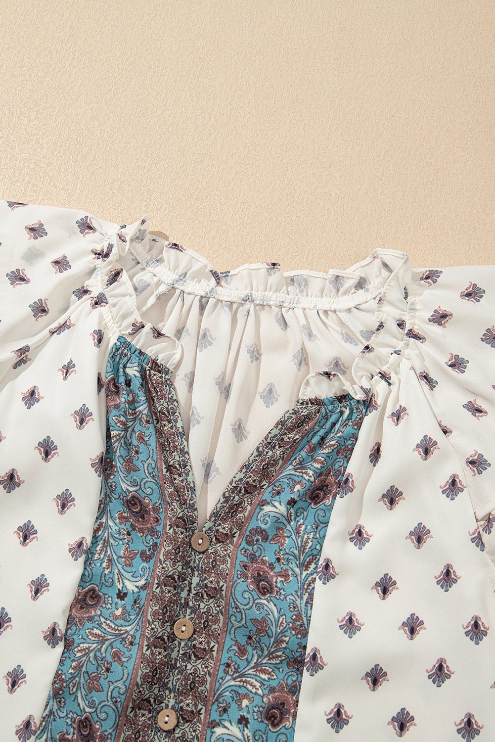 White Boho Pattern Tiered Ruffled Sleeve V Neck Buttoned Blouse