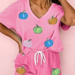 Bonbon Sequin Halloween Pumpkin Pattern V Neck Tee And Drawstring Bottoms Casual Short Set
