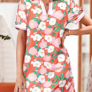 Fresh Salmon Floral Print Contrast Striped Trim Polo Collar T Shirt Dress
