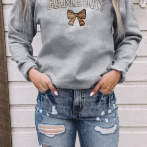 Gray Game Day Rugby Bow Embroidered Casual Sweatshirt