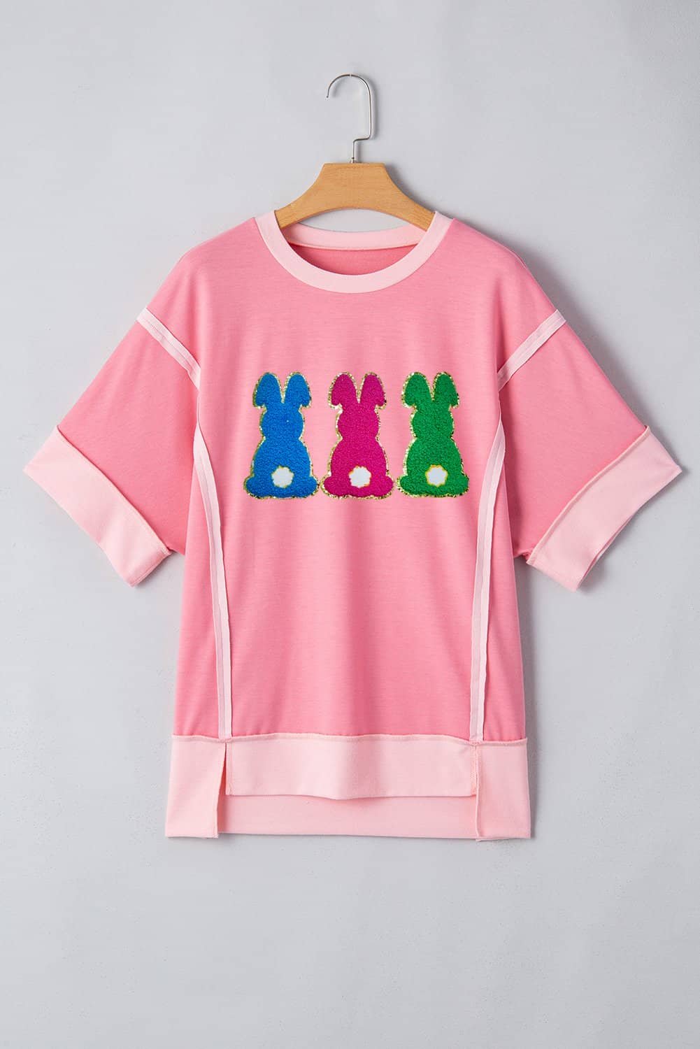 Peach Blossom Contrast Patchwork Detail Chenille Bunny Patched Easter Graphic Tee