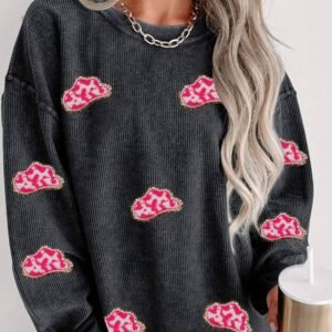 Black Glittering Cowboy Hat Patched Corded Pullover Sweatshirt