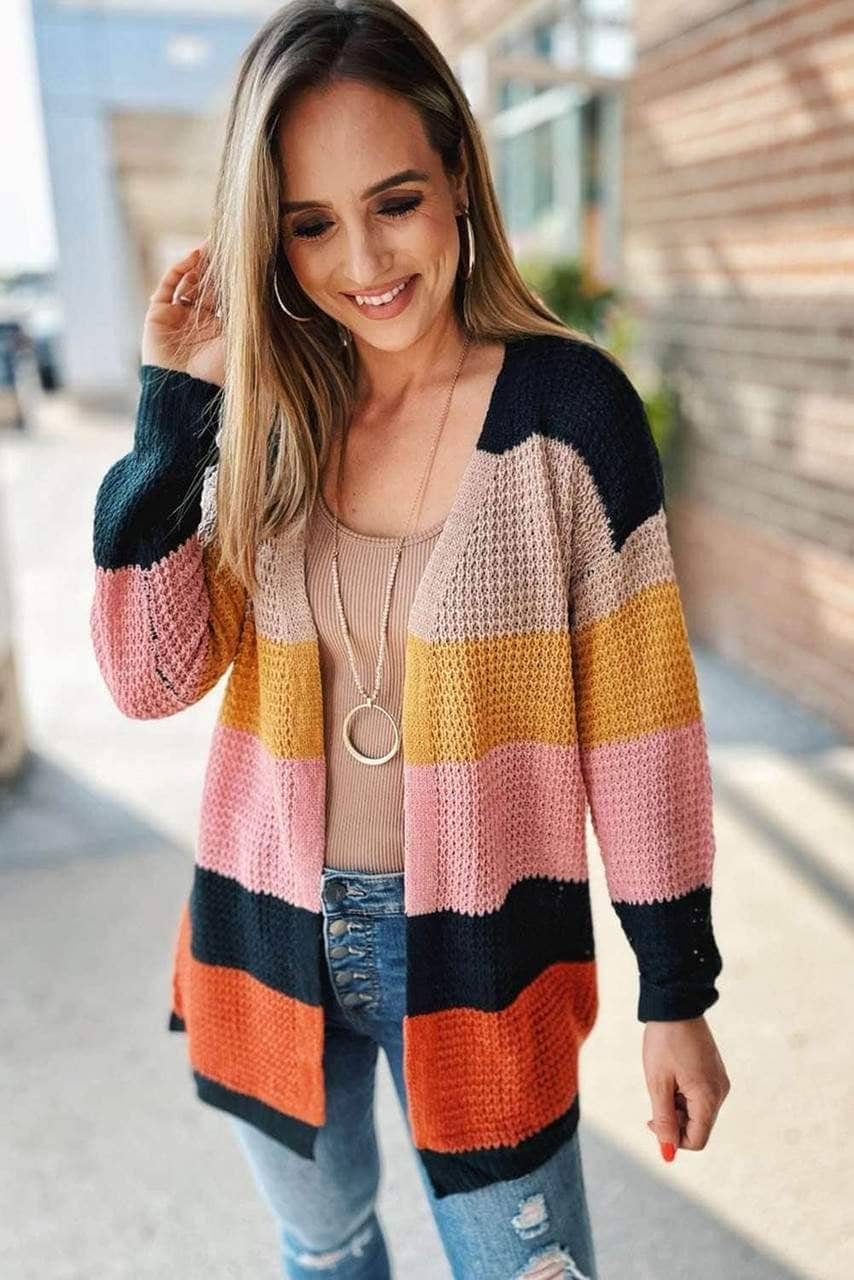 Waffle Knit Color Block Open Front Cardigan