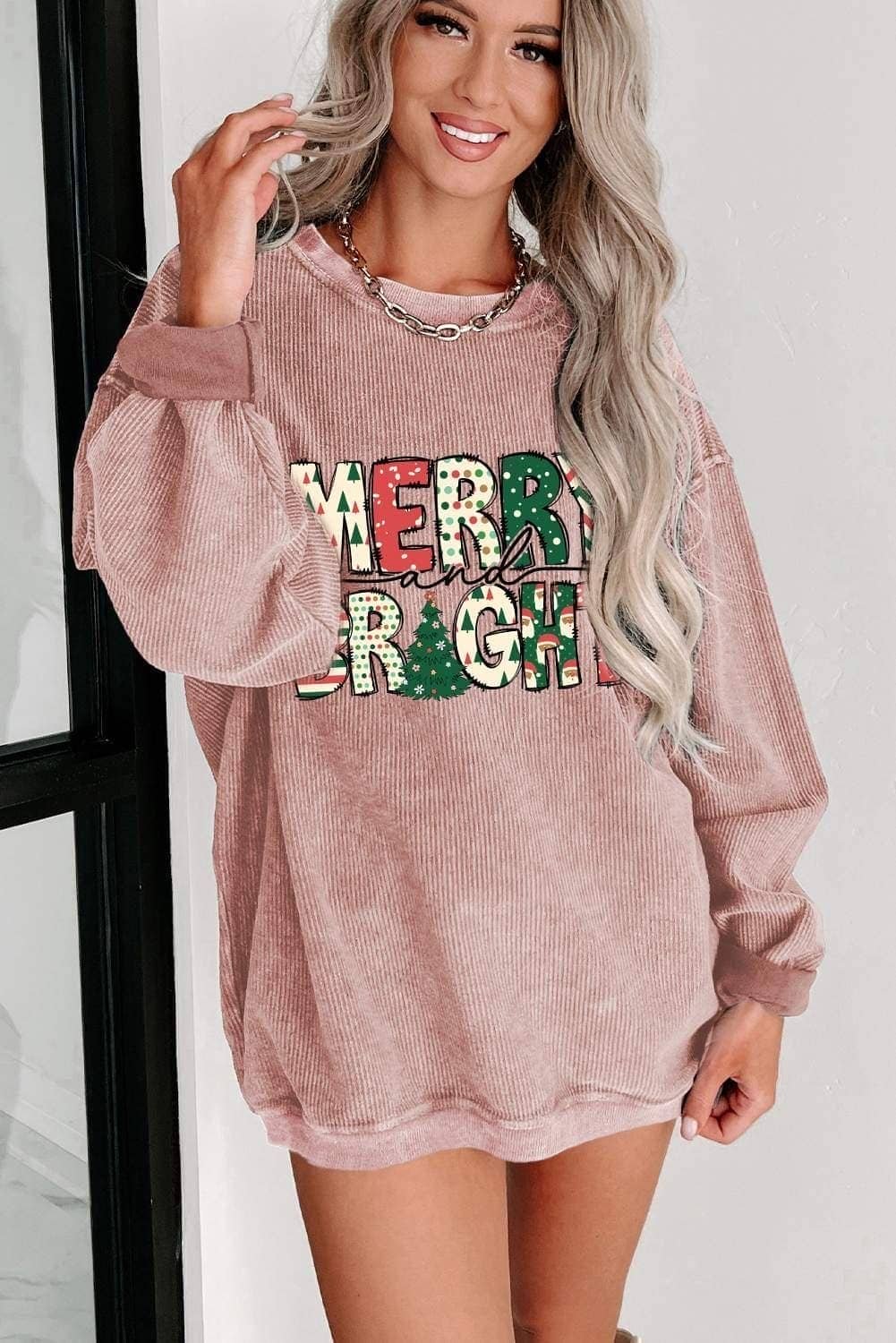 Pink Merry And Bright Christmas Tree Print Ribbed Sweatshirt
