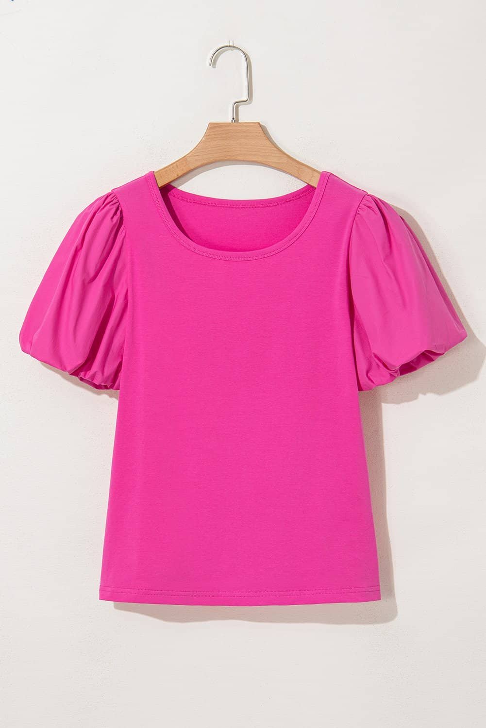 Strawberry Pink Casual Round Neck Bubble Sleeve T-Shirt