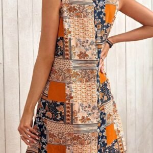 Orange Retro Floral Patchwork Print Sleeveless Mini Dress