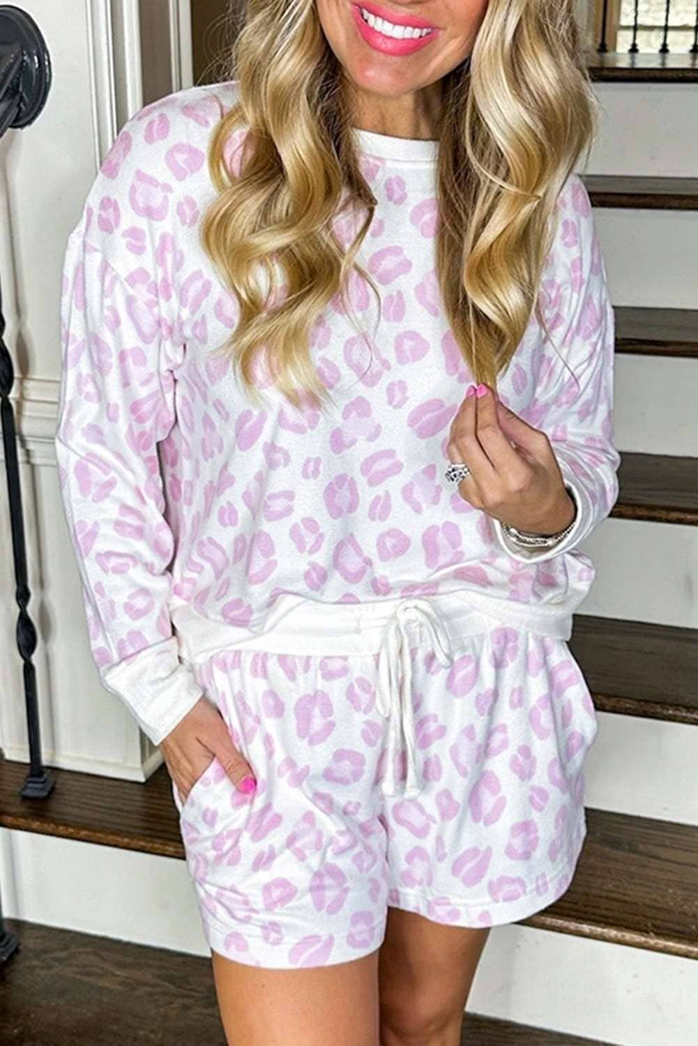 Pink Leopard Animal Print Pullover And Shorts Loungewear