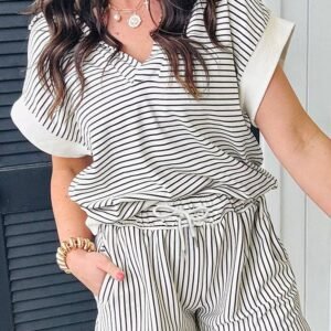 Black Stripe V Neck Tee And Casual Short Set