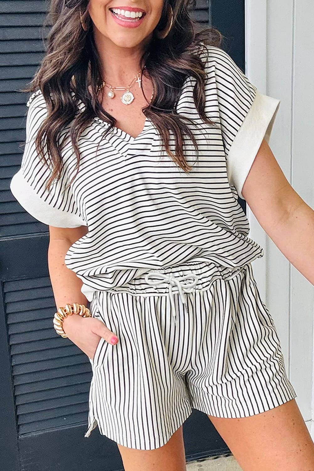 Black Stripe V Neck Tee And Casual Short Set