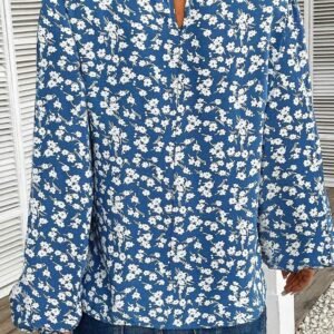 Blue Ditsy Floral Print Lantern Sleeve Blouse