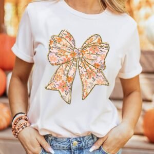 White Glitter Trim Floral Bow Print Cotton Blend T Shirt