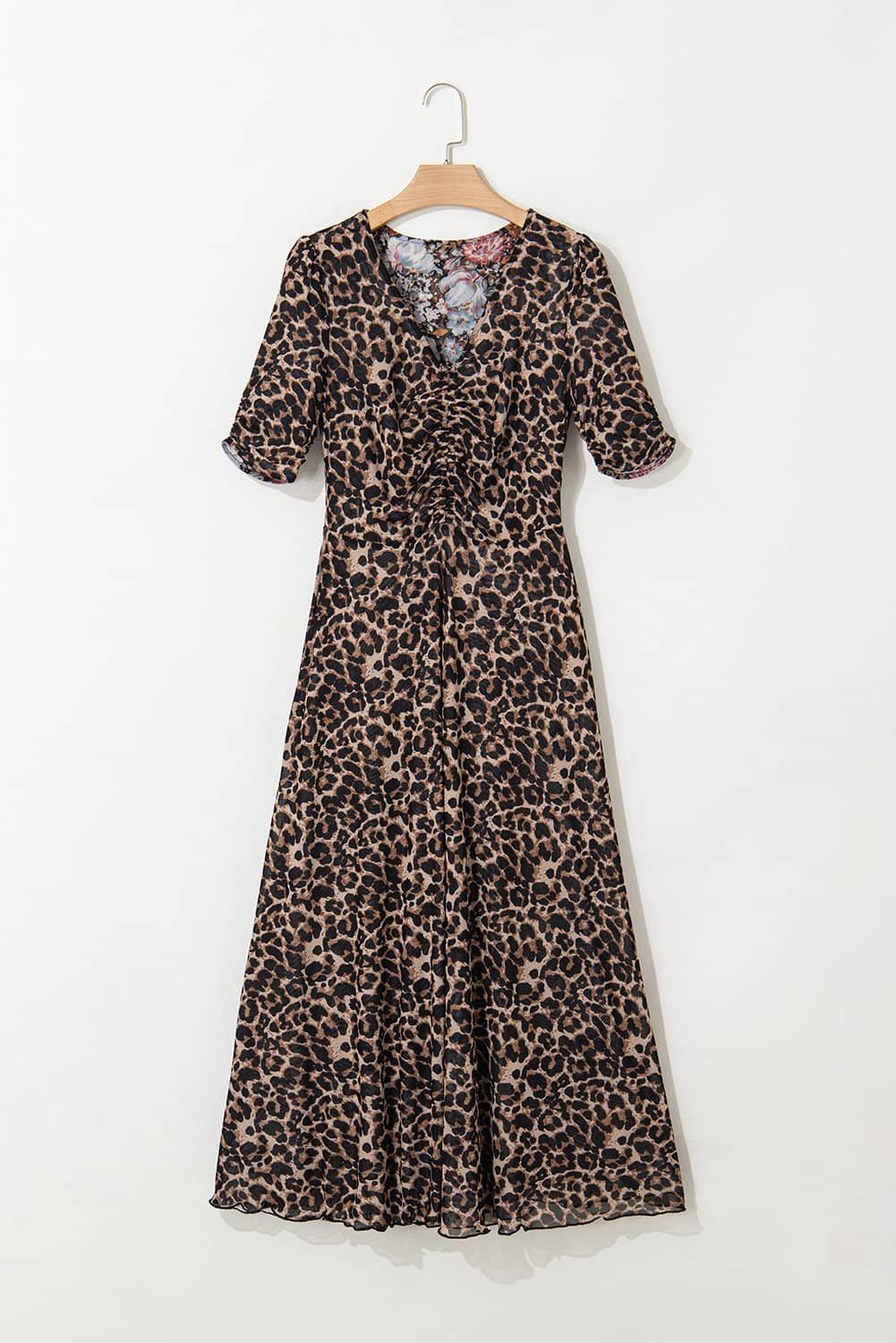 Brown Mesh Leopard Floral Reversible V Neck Short Sleeve Dress