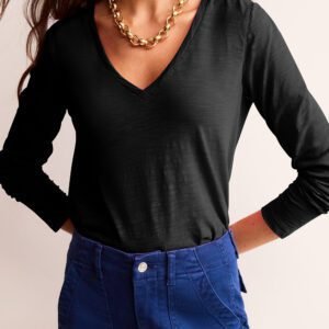 Black Solid Color V Neck Long Sleeve Stretchy Top