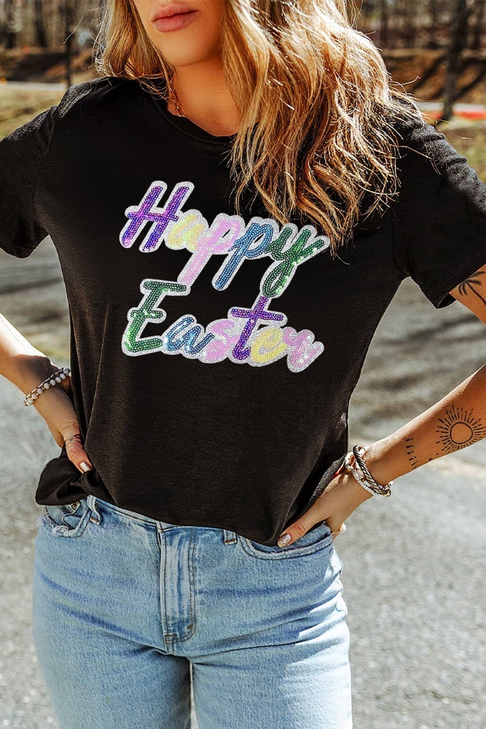 Black Sequined Happy Easter Graphic Tee