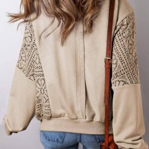 Parchment Knit Crochet Exposed Seam Ribbed Trim Sweatshirt