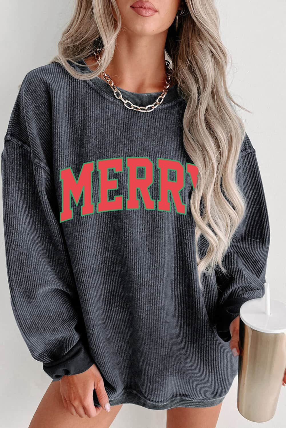 Gray Merry Graphic Corded Pullover Sweatshirt