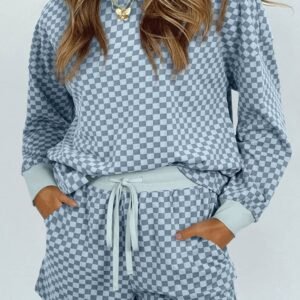 Sky Blue Checkerboard Long Sleeve Pullover And Shorts Set