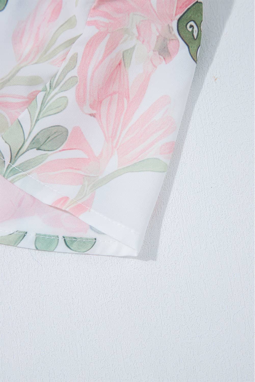 Pink Floral Puff Sleeve V Neck Tied Front Peplum Blouse