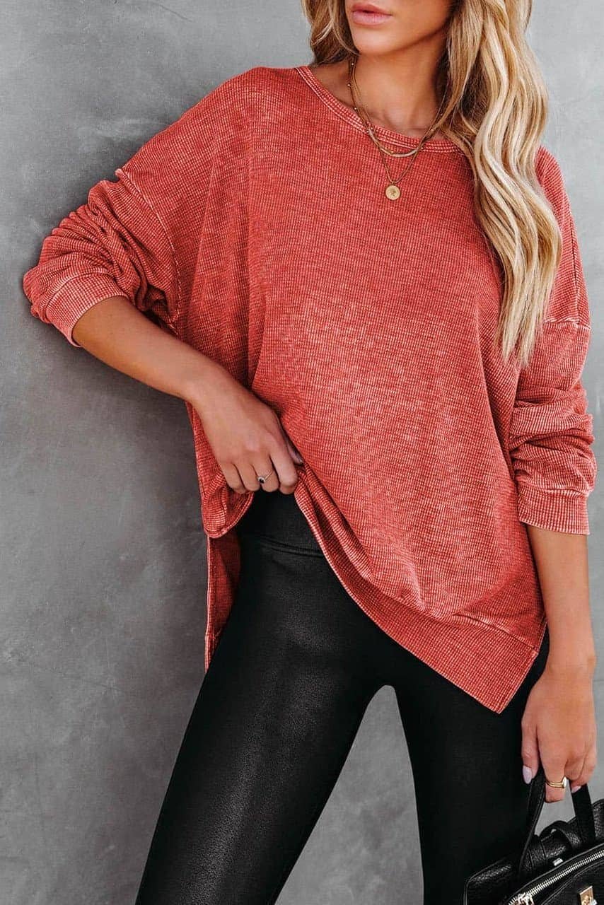 Waffle Knit Side Slit Pullover Top