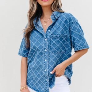 Dusk Blue Checkered Textured Short Sleeve Patched Pocket Denim Shirt