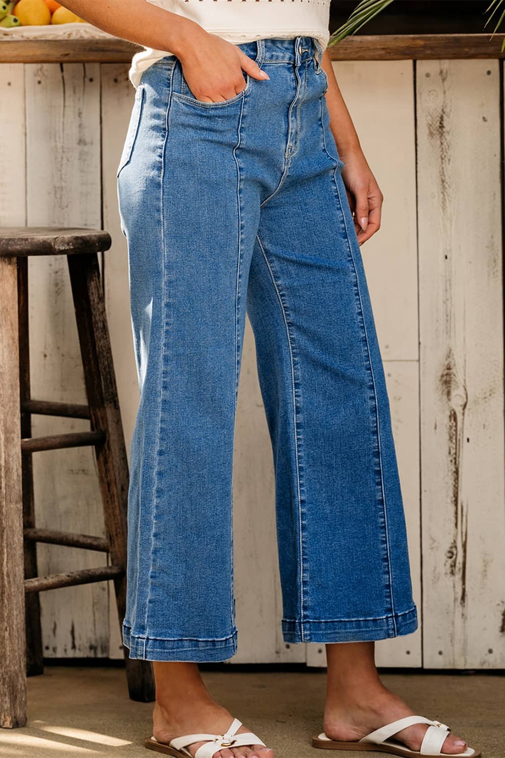 Dark Blue Plain Seam Detail Flared Bottom Ankle Length Jeans