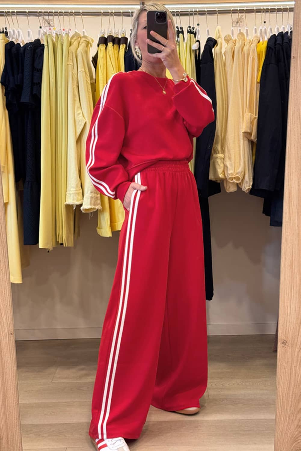 Fiery Red Varsity Striped Detail Crewneck Pullover Elastic Sweatpants 2Pcs Outfit